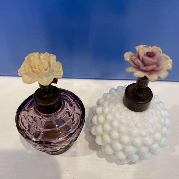 Vintage I. W. Rice & Co. Set 2 Perfume Bottle Hobnail Milk & Purple Glass Japan - Picture 12 of 15